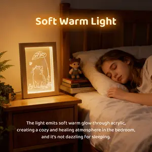 Cat Night Light Acrylic Photo Frame with Warm Glow | Gift for Cat Lovers | Decorative Bedroom Light with Cat Art | Soft USB LED Light for Room Decor