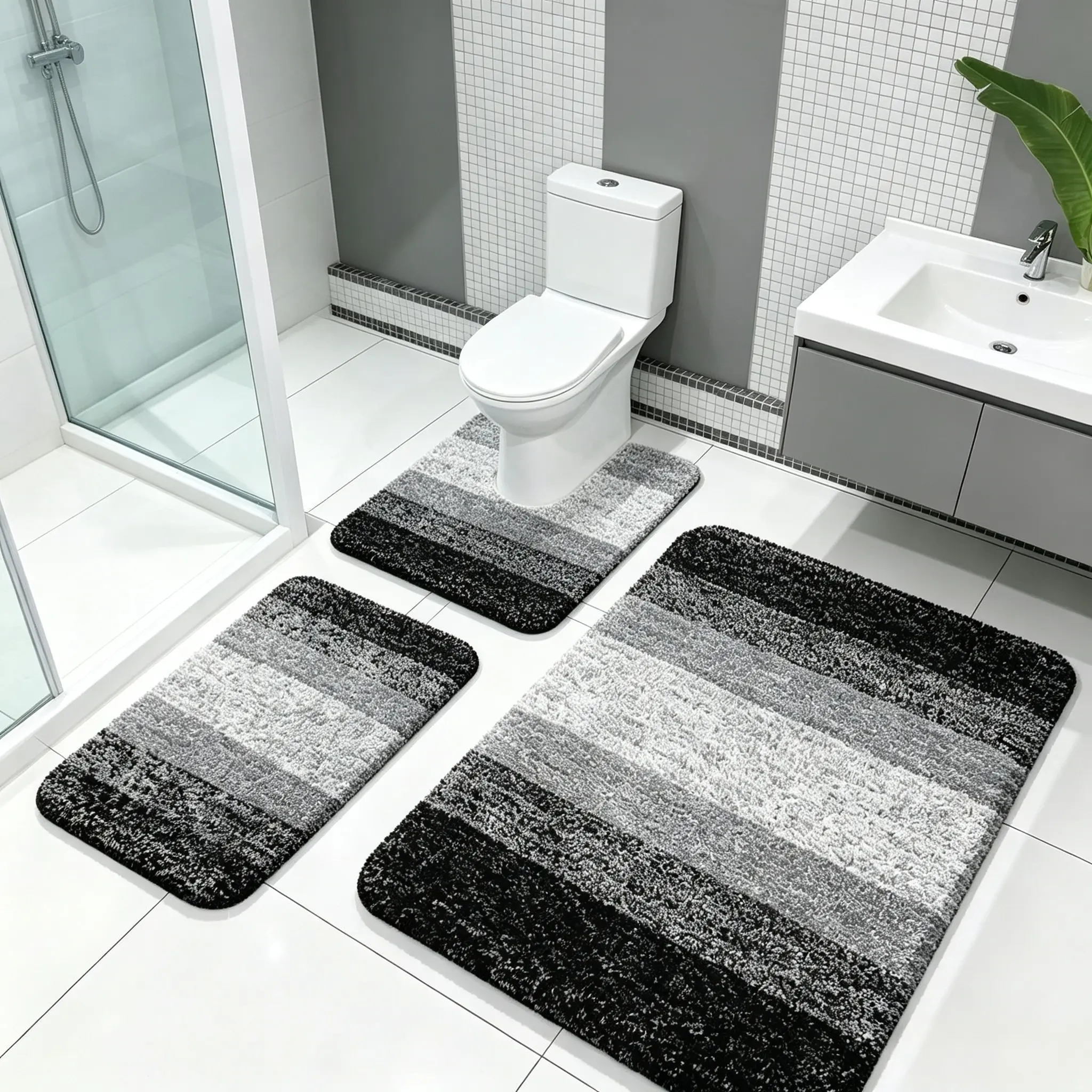 3 Piece Bathroom Rug Set, Soft Microfiber Absorbent Bath Mat with U‑Shaped Contour Mat & Toilet Lid Cover, Quick Dry Washable Bathroom Mats