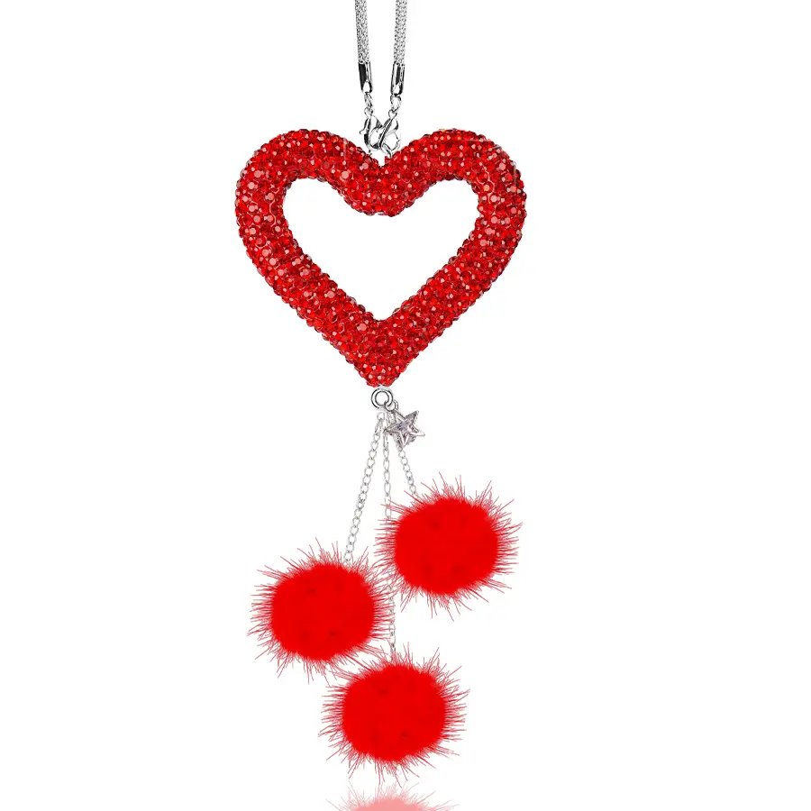Crystal Open-Heart Car Charm with Fluffy Pom-Poms Sparkly Heart Car Pendant with Furry Balls Rhinestone Open-Heart Car Charm