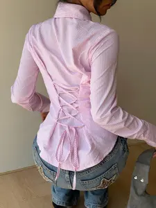 Simple Sexy Striped Shirt Blouse Back Tie Slim Fit Casual Collared Daily Basic, Women's Fashion Top, Casual Classy Top, Comfortable and Stylish, Perfect for Everyday Wear