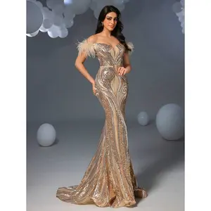 Feather Trim Off Shoulder Mermaid Hem GraphicSequin Formal Prom Dress