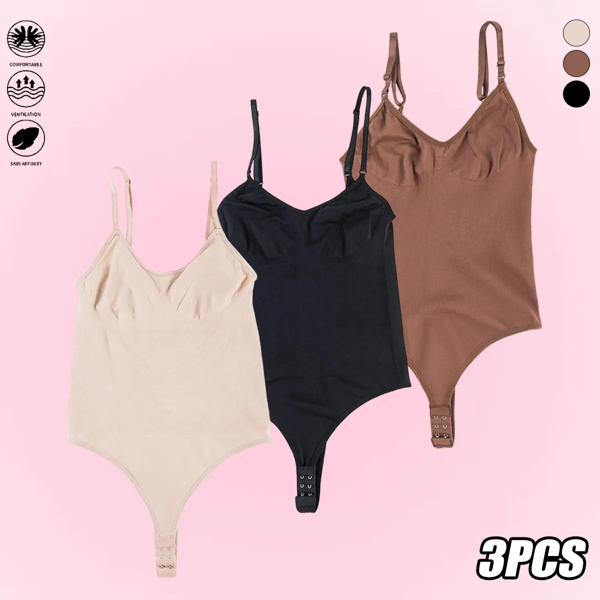 JOGWAVE Women's Solid Color Shapewear Bodysuit - Adjustable Shoulder Straps, G-String Design, Backless, Tummy Control, Breathable, Stretchy, Heat-Sensing Lingerie for Everyday Use