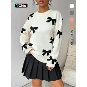 Women's bow printed off shoulder sweater, autumn and winter casual long sleeved round neck sweater, fashionable women's knitted daily wearRAIMENTRY
