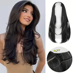 22 Inch V-Shaped U Part Clip In Hair Extensions, Layered Synthetic Straight Hairpieces for Women, Invisible 4 Clips in Half Wig, Add Volume & Length for Daily Use