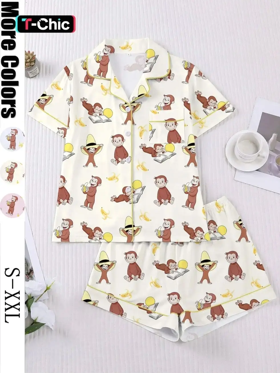 Women's Monkey Banana Print Sleepwear Set, Loungewear, Comfortable Short Sleeve Button Shirt & Loose Elastic Shorts, Fashion Casual Home Wear, Pajama Set, Matching Pj Set, Sleepwear Pajamas Set, Lounge Pjs Set