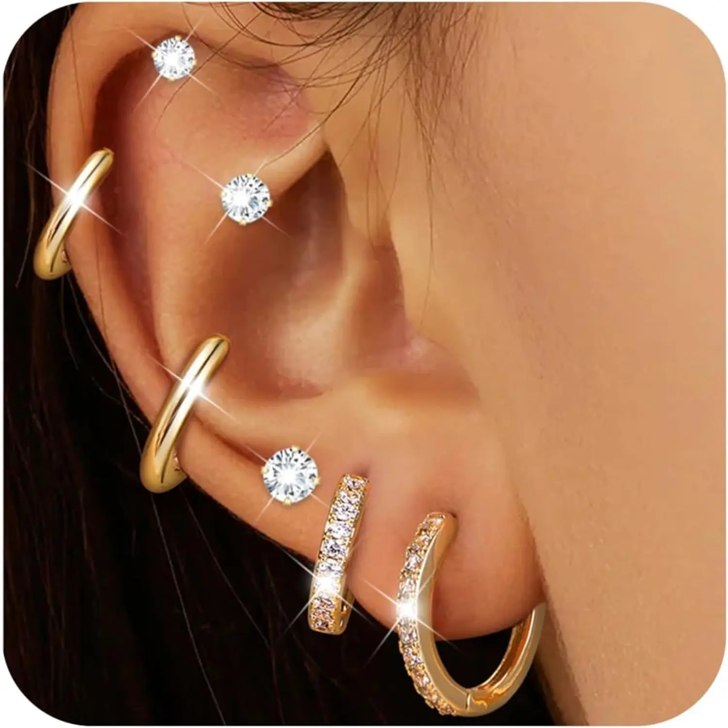 CASSIECA Hoop Stud Earrings for Women 7 Pairs 316L Surgical Steel Hypoallergenic Earrings Set for Multiple Piercing Non Tarnish Gold-Plated Cartilage Earring