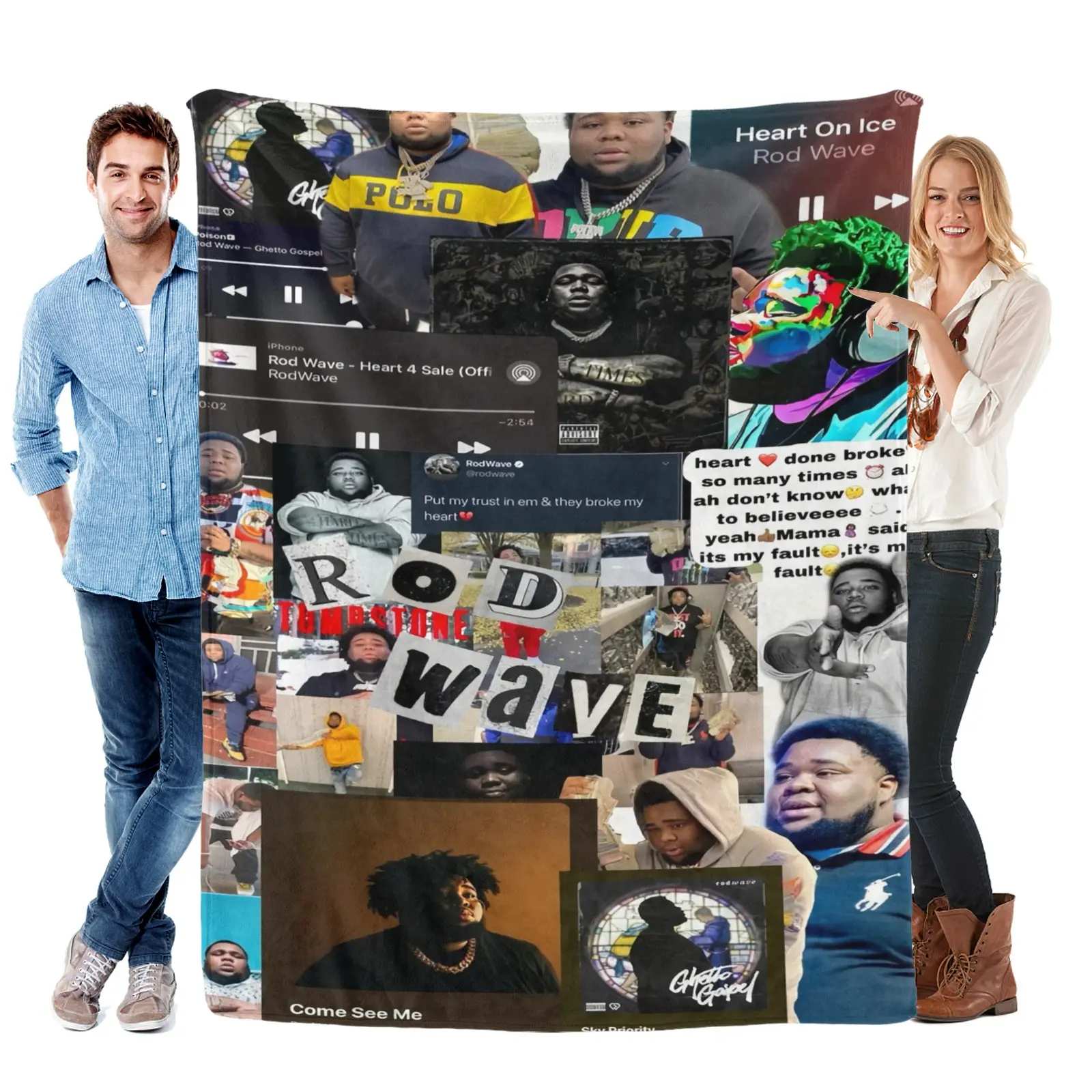 Rod Wave Inspired Throw Blanket - Premium Soft Wrinkle-Resistant Fade-Resistant Durable Polyester, Large Patchwork Collage Bedspread, All-Season Use Cozy All-Season Gift for Fans