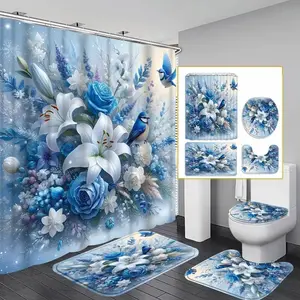 Floral Pattern Bathroom Accessories, 4 Countsset Including Shower Curtain & Toilet Lid Cover & Rectangular Mat & U-shaped Mat, Bathroom Decor Supplies, Shower Curtain Sets