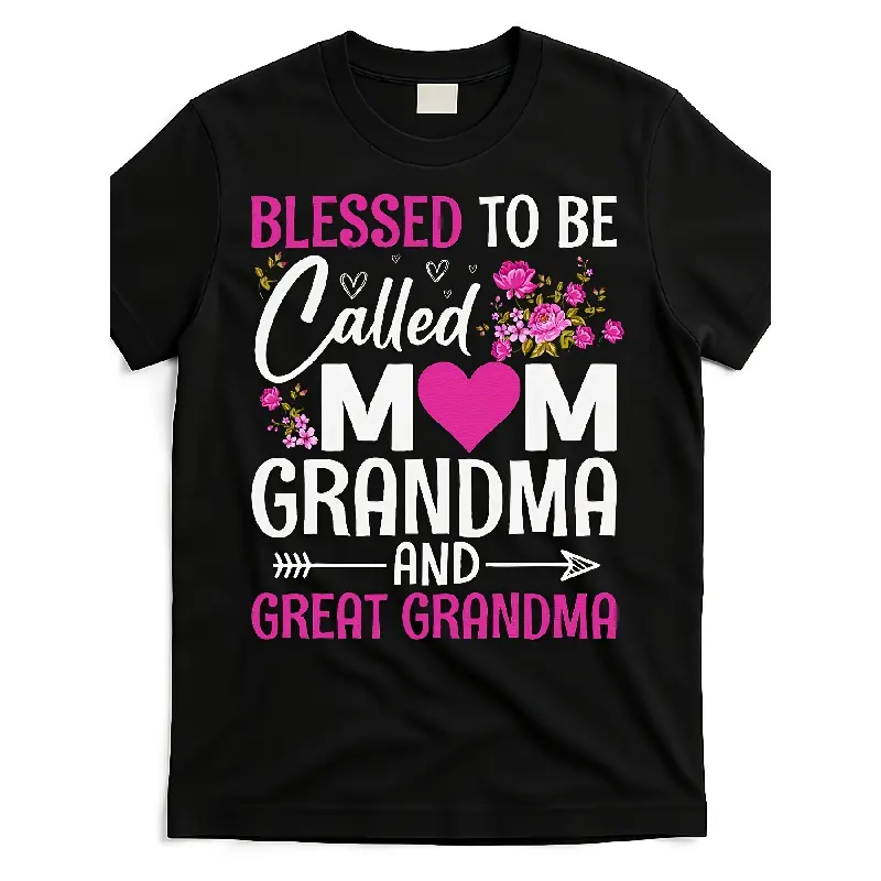 Men's Casual Crew Neck Short Sleeve Streetwear Top - "Blessed to Be Called Mom Grandma & Great Grandma" Retro Graphic Tee with Floral Lettering, Heart Design, 220gsm Heavyweight Pure Cotton (Fixed Incomplete "C" to Cotton), Drop Shoulder