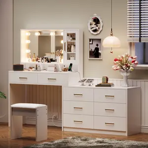 TOKSOM Large Vanity Desk with 3 Color Touch Screen Dimming Mirror,Vanity Desk with Charging Station,Modern Retractable Makeup Dressing Table,Vanity Table With storage shelves and 8 Sliding Drawers,White,Black