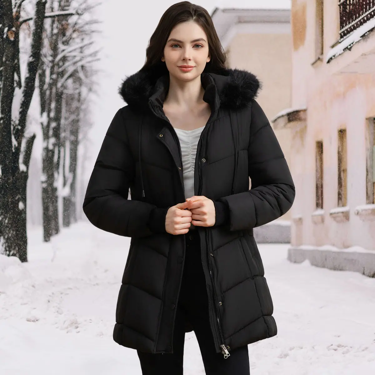 Women's Winter Thickened Fleece-Lined Quilted Hooded Coat, Fashionable And Warm Winter Jacket With Buttons, Hooded Mid-Length Trench Coat, Casual Mid-Length Outdoor Windproof Coat, Magnetic Pocket, Two-Way Zipper Quilted Jacket For Outdoor Daily