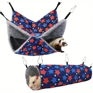 Ferret Rat Hammock Set, Guinea Pig Hideout Bed, Soft Hamster Toys, Hanging Tunnels and Tubes, Plush Small Animal Pet, 2 Pack, Blue Star