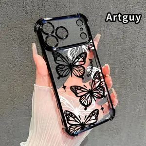 Black Butterfly Pattern Four Corner Anti-Fall Phone Case Transparent Electroplated Protective Cover for iPhone 17 16 Pro Max 15 Plus 14 13 12 11 Air E
