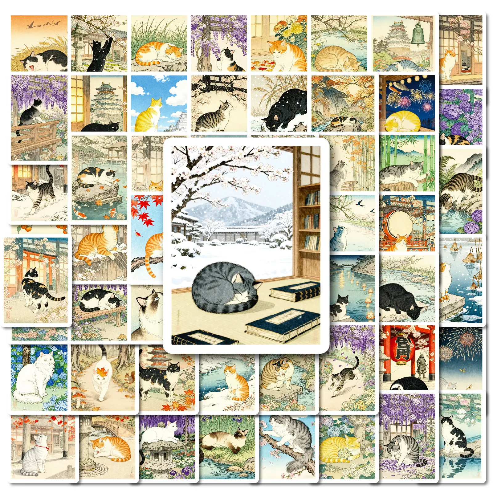 56 Stickers Featuring Traditional Chinese Cats, in A Ukiyo-e Style, Set for A Garden. Suitable for Scrapbooks, Cars, and Other Items. A Gift with A Positive Message. Car Decals, Side Decals, Automobile Decals, Car Decorative Sticker