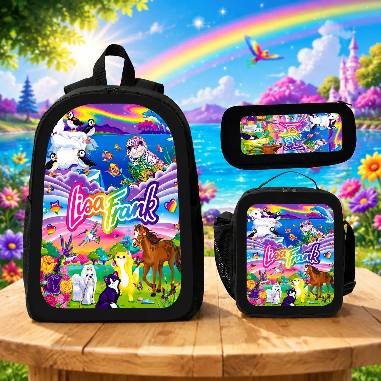 Lisa Frank Cartoon Backpack Set 3PCS School Backpack Lunch Bag Pencil Case Colorful Anime Style Bookbag Lightweight Daypack for Teens Students Backpacks for School Women Men Travel Casual Backpack Set Gift Idea