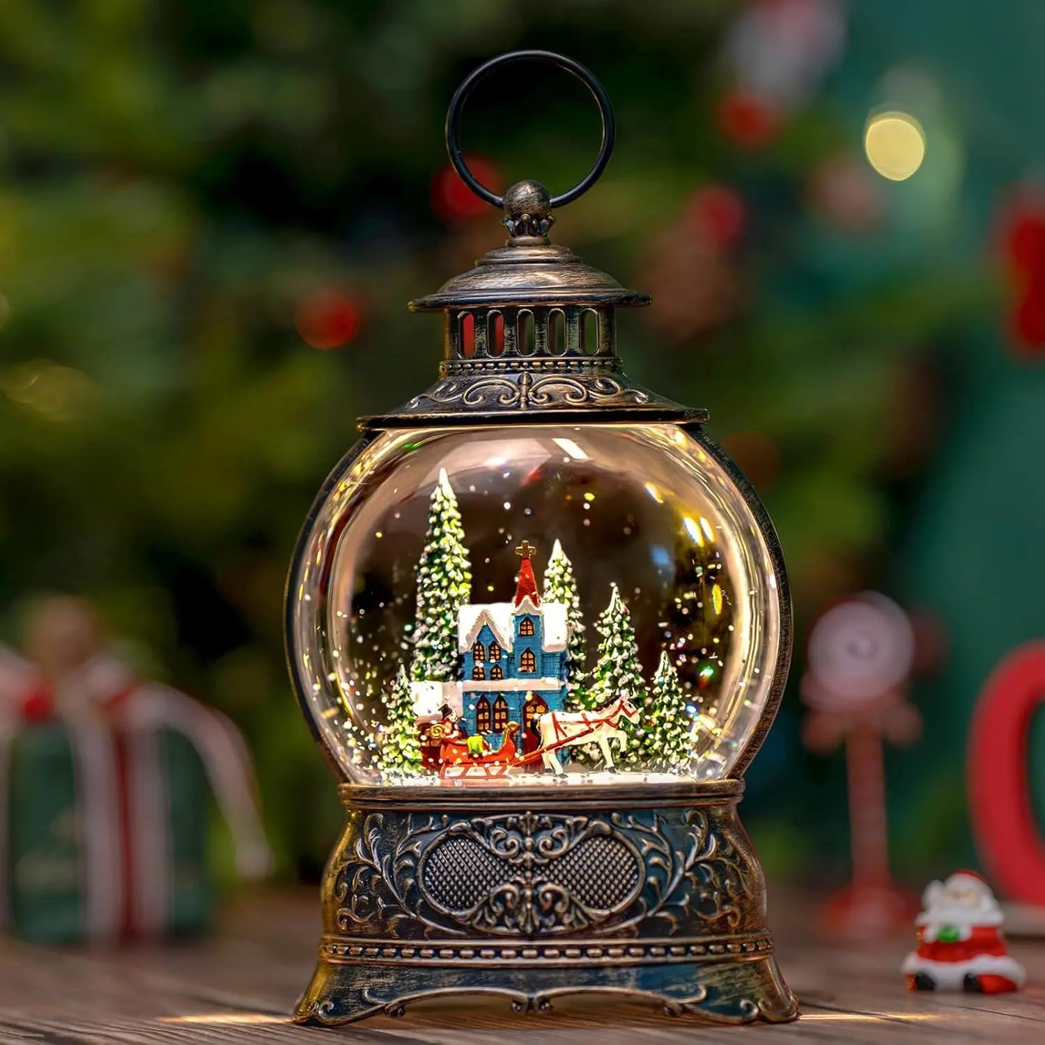 Christmas Snow Globes Water Lantern with Carriage Blue Church, Music & 6H Timer, USB Lined/Battery Operated Lighted Lanterns for Xmas Festival Decoration Gifts