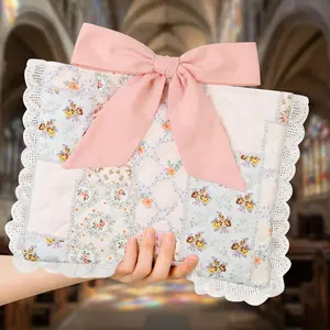 Vintage Spliced Floral Quilted Bible Cover for Women – Fits Standard Size Bibles Padded Protector Washable Cotton Case with Elegant Lace Trim & Bow Handle– Includes Interior Zipper Pocket