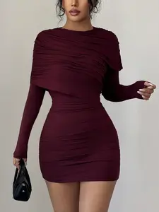 Women's Plain Ruched Long Sleeve Bodycon Dress, Spring Cocktail Party Gown, Formal Church Wedding Guest Attire, Elegant Special Occasion Dress