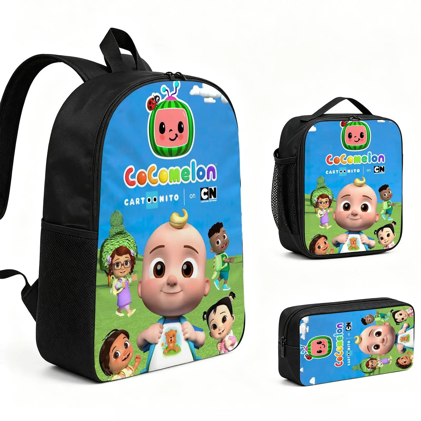 Cocomelon  Backpack 3pcs Set with Vibrant Print, Durable School Bookbag with Insulated Lunch Tote and Pencil Bag for Teens Boys Girls, Multi-Functional Laptop Travel Daypack Gift for Kids L-28