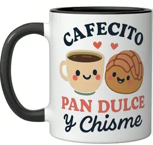 Cafecito Pan Dulce Y Chisme Cute Ceramic Coffee Mug Double Sided Printed Black And White Design Durable Daily Use Novelty Latinx Inspired Tea Cup Stylish Home Kitchen Drinkware Perfect Friend Gift For Coffee Lovers