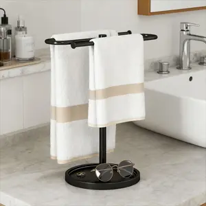 S-Shaped Round Bottom Towel Rack Iron Stand 2-Tier Towel Rod Bathroom Storage Shelf Kitchen Sink Counter Top Towel Holder Bathroom Counter Organizer
