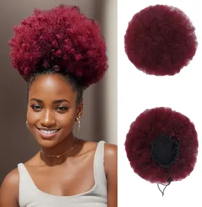 Afro Puff Drawstring Ponytail Kinky Curly Bun Hair Synthetic Short Extensions Hairpieces Updo Hair for Black Women Girls Burgundy wholesale hot sell
