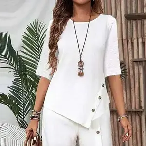 Women's Plus Size Solid White Asymmetrical Hem Tunic Top - Round Neck Short/3/4 Sleeve Button Detail Casual Blouse for Daily Wear - Fit, Fabric