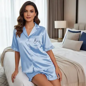 Personalized Satin Pajamas Custom Name Bridesmaid PJs Bridal Party Sleepwear Wedding Getting Ready Outfit Bachelorette Gift Women Pajama Set