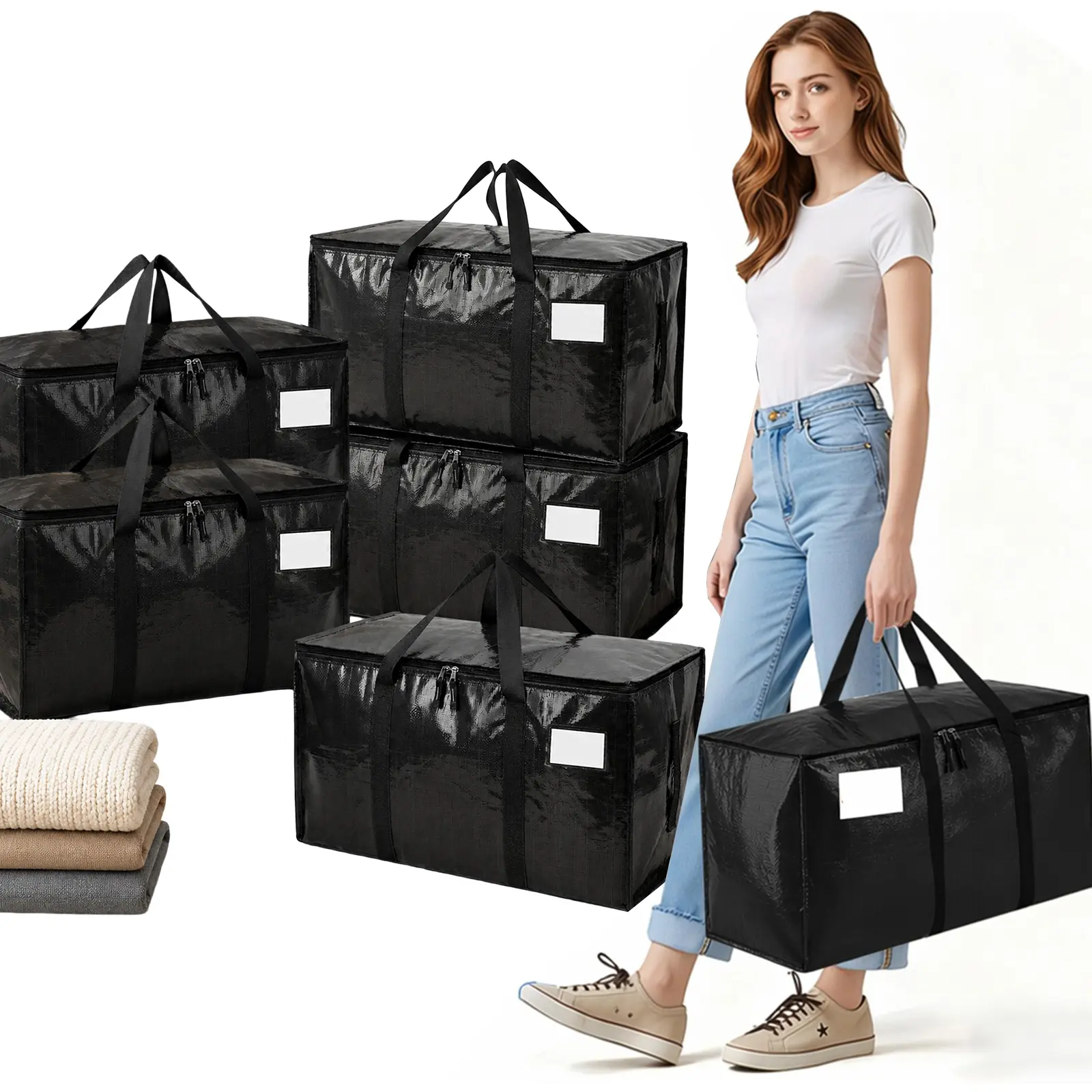 6/4 Pack-Extra Large Heavy Duty Moving Bags - Waterproof Storage Totes with Handles & Zippers, Foldable for College Dorm, Storage (Black)