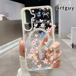 Magnetic Phone Case Compatible with Samsung Galaxy S26 S23 Ultra S24 Plus S25 Edge S22+ FE Floral Hearty Delight Patterned Clear Acrylic Back Shockproof Air-Guard Corners Hard Shell for Girl