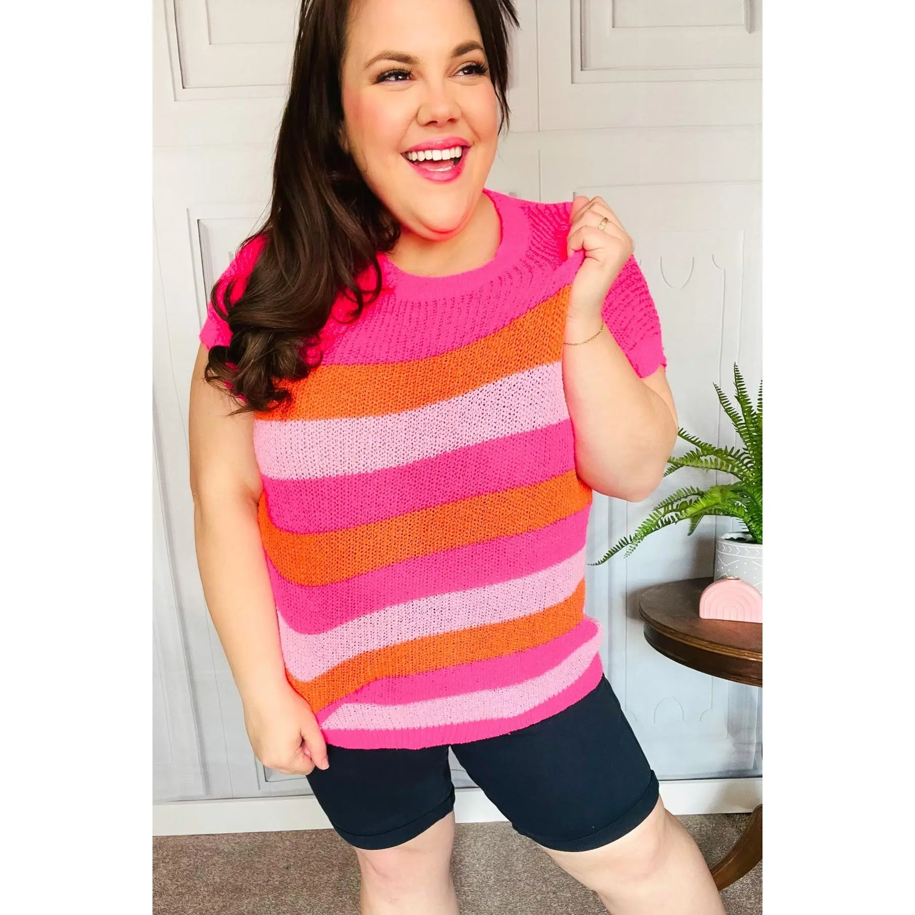 Feeling Bold Fuchsia & Orange Stripe Short Sleeve Dolman Sweater