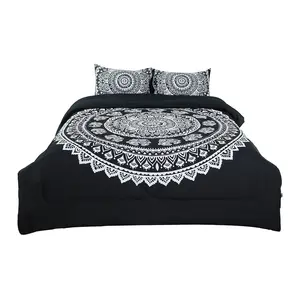 Unique Bargains 3 piece Bohemian Comforter Sets 3D Printed Bohemia Themed All season Down Alternative Quilted Duvet Reversible Design Includes 1 Comforter, 2 Pillow Cases Black, White