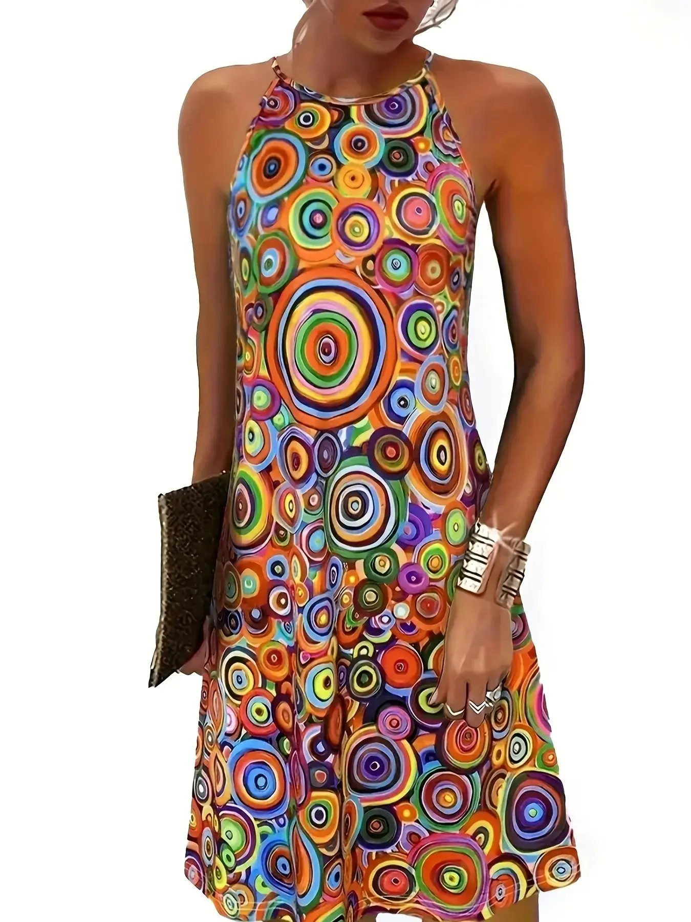 Plus Size Colorful Print Abstract Circle Halter Dress Sleeveless, Loose Fit Boho European Bohemian Style, Casual Vacation A-Line Short Skirt, Elegant Women's Clothing, Womenswear, Boho Flowy Dress, Casual Chic Dress, Bohemian Style Dresses