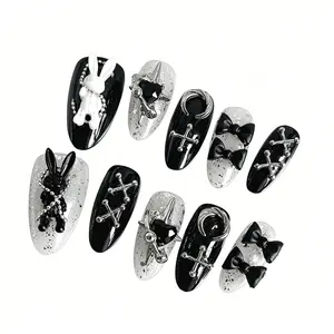 Handmade Press on Nails Set, Long Almond Shape Fake Nails, Silver Glitter Polish, 3D Rabbit Decorations, Metal Ornaments, Nail Art, Nail Kit Set