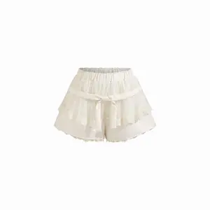 Cider Mid Rise Lace Trim Tiered Micro Shorts