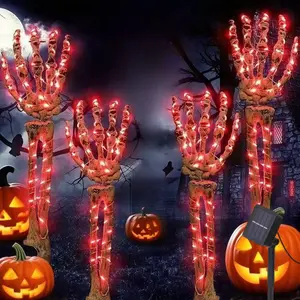 Halloween Decoration Simulation Skeleton 4-Pack Red LED Light 18 Inches High Solar Panel Power Garden Horror Atmosphere Party Supplies Spooky Ornaments Plastic Art Deco USB Control - Switch