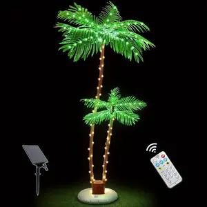 6 Feet Solar Palm Tree for Outdoor Patio, Bar Pool Deck, Outdoor Decoration, Decoration, Light up Led 2 One Trunk for Yard Tropical Party Christmas