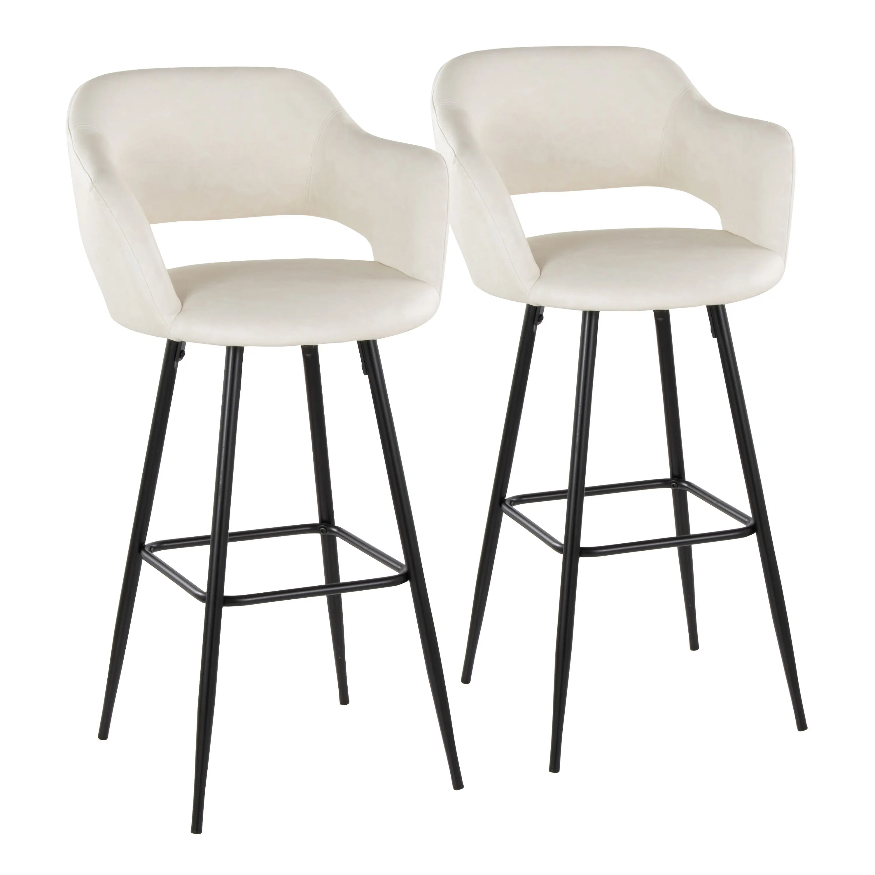 Set of 2 Fixed-Height Barstools with Cream Faux upholstered Seat, Black Metal Frame and Square Footrest, Contemporary Design for Kitchen Counter or Home Bar, Multiple Options