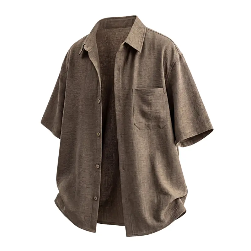 Men's Casual Short Sleeve Shirt, Stylish Plain Button-Down with Chest Pocket in Breathable Textured Polyester for Summer