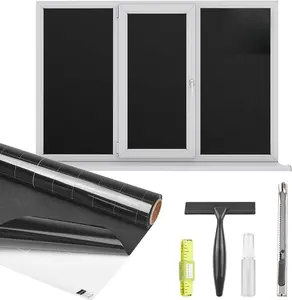 Blackout Window Privacy Film Total Light Blocking Room Darkening Window Covering, Removable Static Cling Frosted Glass Tint, Non-Adhesive, Black 17.5'' x 78.7''