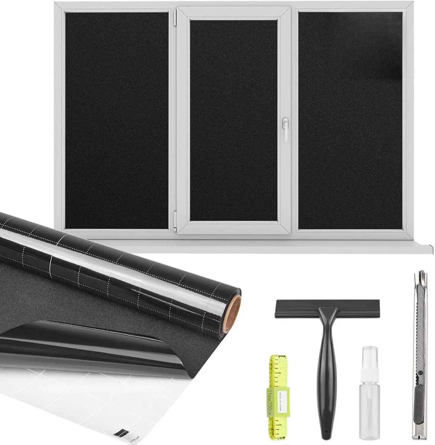 Blackout Window Privacy Film Total Light Blocking Room Darkening Window Covering, Removable Static Cling Frosted Glass Tint, Non-Adhesive, Black 17.5'