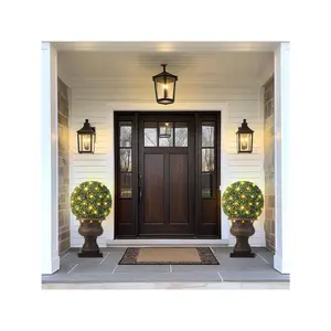 20" Artificial Plant Topiary Ball, Pre-Lit Artificial Topiary Plant With 50 Lights, Timer And Remote Control, Artificial Outdoor Porch Trees With Sturdy Pot For Outdoor Indoor,Red Urn Base 2 Pcs