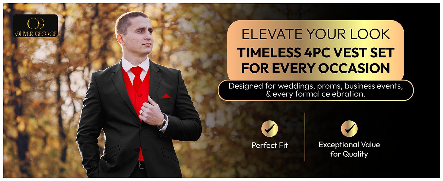 Oliver George Men's 4pc Formal Vest Set: The Ultimate Wedding & Prom Look | Includes Waistcoat, Tie, Bowtie & Pocket Square | XS-4XL All Sizes | 20+ Stunning Colors