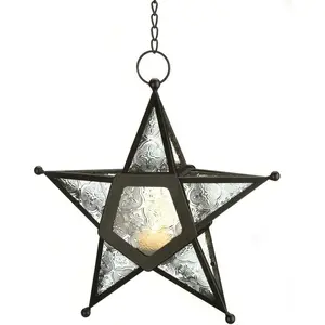 Father's Day gift Beautiful Hanging Star Candle Lantern, Decorative Iron Light Home Decor, 9.5" Tall, Clear Glass