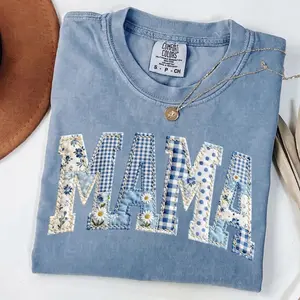 Custom Mama Floral T Shirt, Faux Embroidered Patchwork Graphic Tee, Grandma Core Gigi Varsity Mom Style, Soft Lightweight Fabric, Breathable Fit, Unisex Streetwear Womenswear Outfit, Women Top