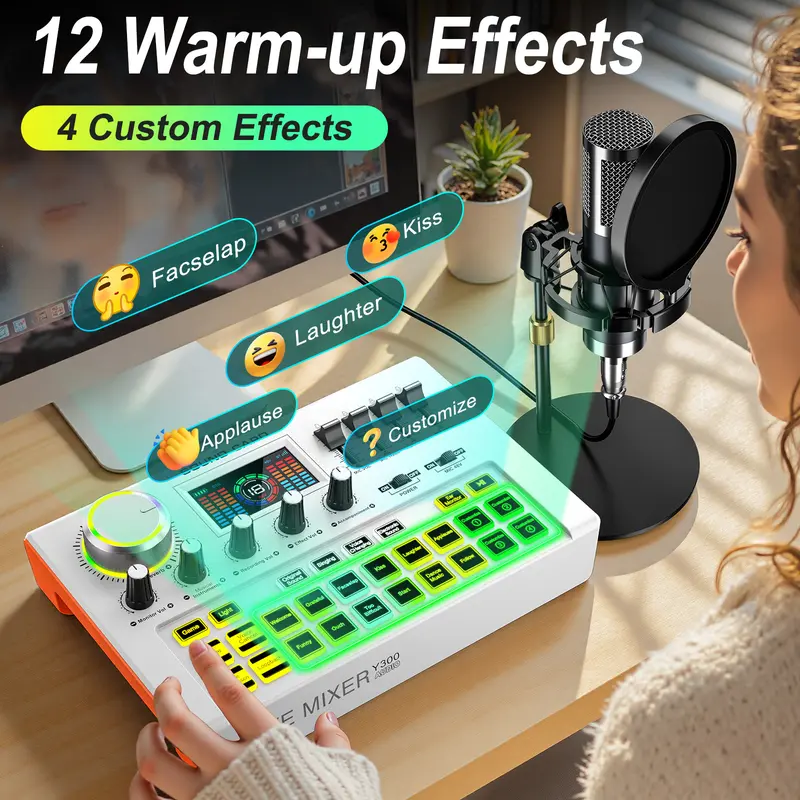 Y300 Podcast Audio Mixer Kit includes a P15 microphone, one-button