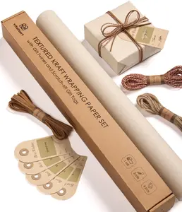 Vitalizart 30"x197" Textured Kraft Wrapping Paper Set with 3 Burlap Twine Ribbons & 6 Scratch-off Tags for Christmas Wedding Birthday - Durable & Easy to Handle