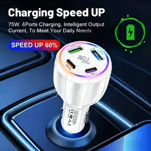 75w 4-In-1 Car Charger with 2 USB & 2 Type-C Ports, RGB Ambient Light, Compatible with iPhone 16 Pro/16/15 Pro/15 & Samsung S25/s24/s23, Multifunctional Charger