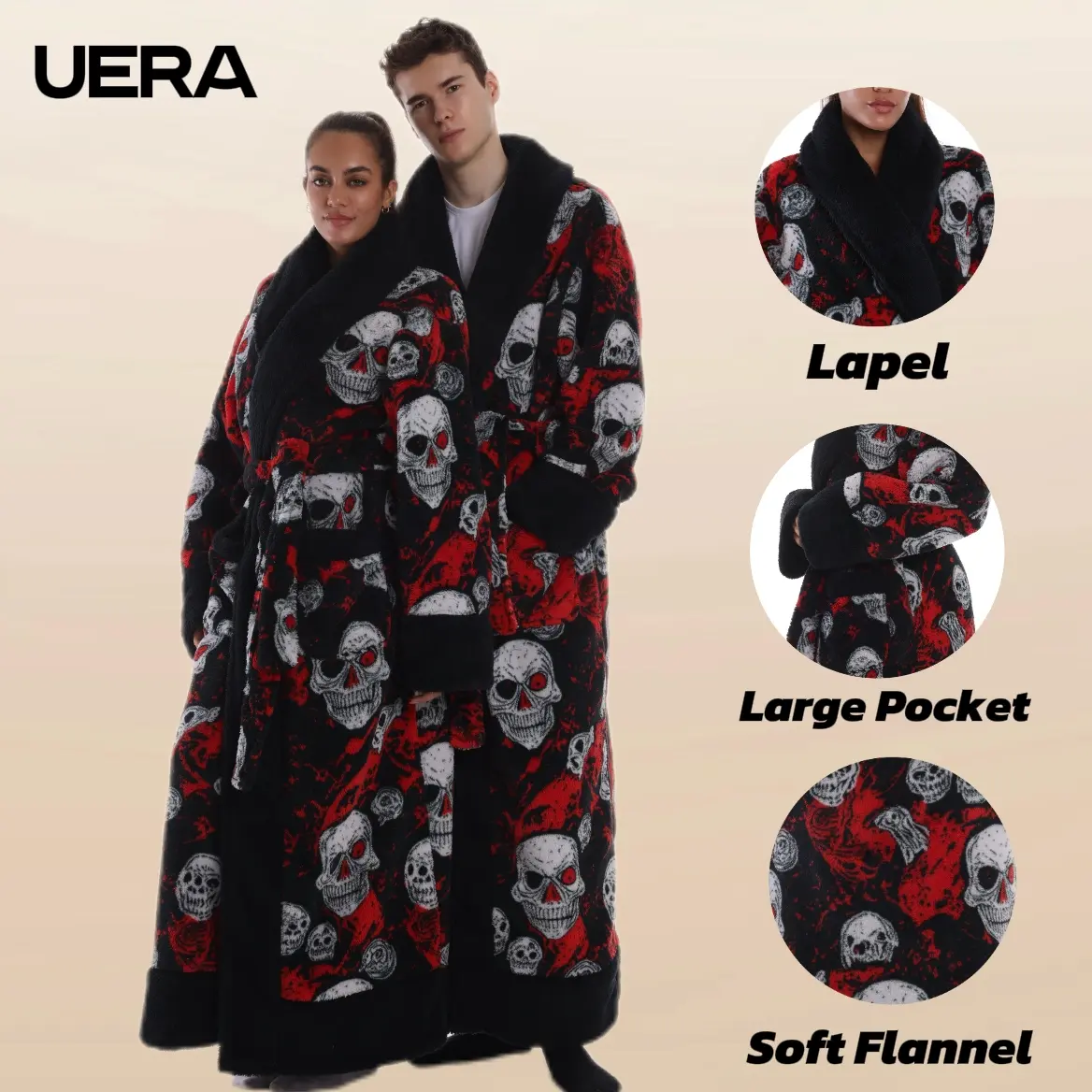 Skeleton Christmas Bathrobe, Retro Style, Soft and Comfortable, Four Colors, Unisex, Perfect for Home and Outdoors, Pocket