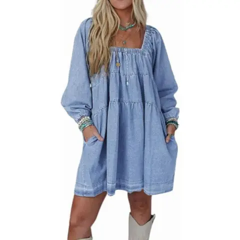 utcoco Women's 2026 Trending Baggy Cotton Denim Midi Dress - Square Neck, Puff Long Sleeves, Tie-Back, Bow, Backless, Tiered, Ruffled, Lightweight, Minimalist Fabric, Relaxed Fit, Pockets - Cute Evening Birthday Casual Beach Womens Dresses